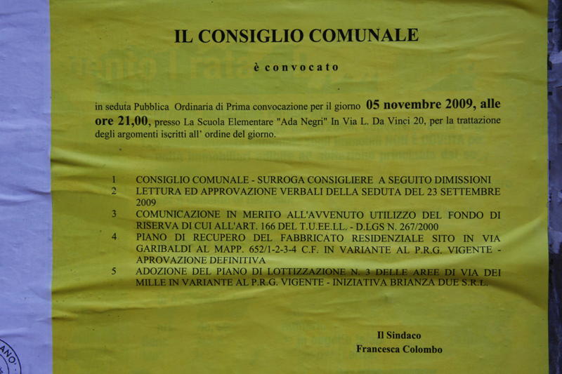 Convocazione del Consiglio comunale del 5 novembre scorso per l'adozione del Piano Longoni ( ultimo punto all'ordine del giorno) 